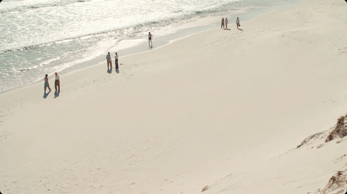 A high angle looking down on a sandy beach