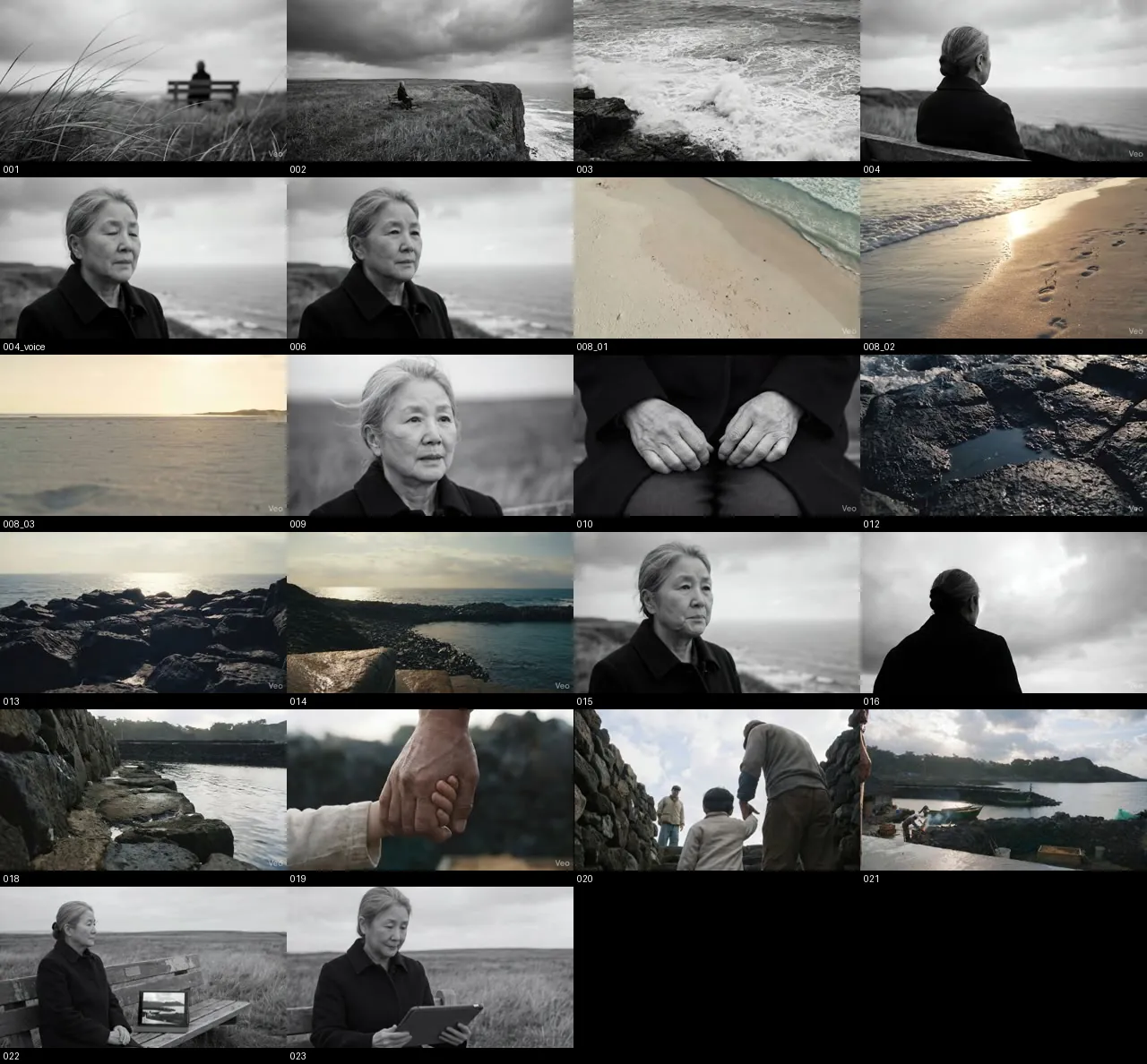 A grid of the first frames of the 22 clips used in the film