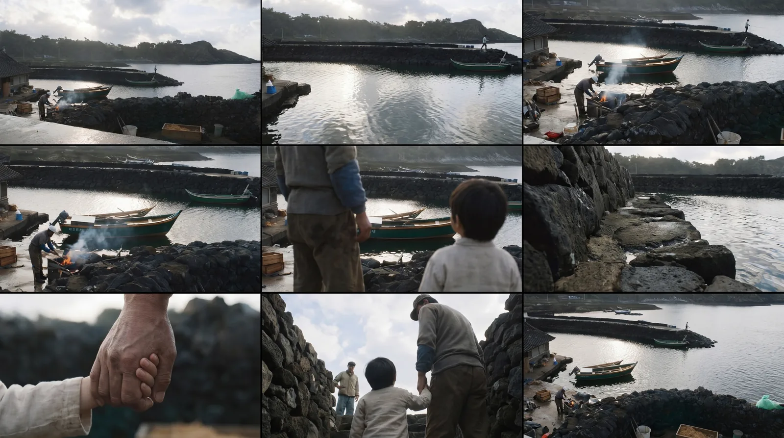 3×3 candidate sheet of a harbor, fishing boats, and clasped hands