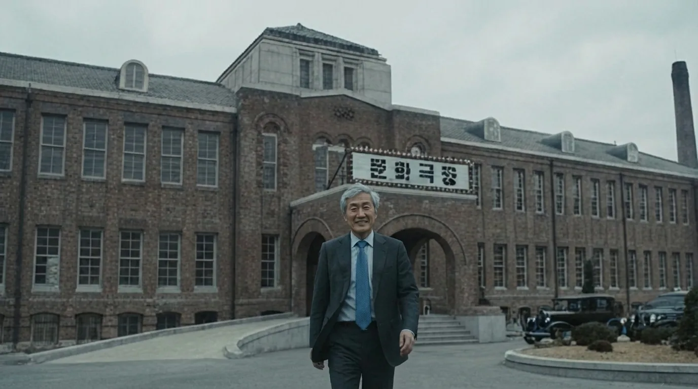 The host in front of the 1951 temporary assembly hall at the Munhwa Theater in Busan