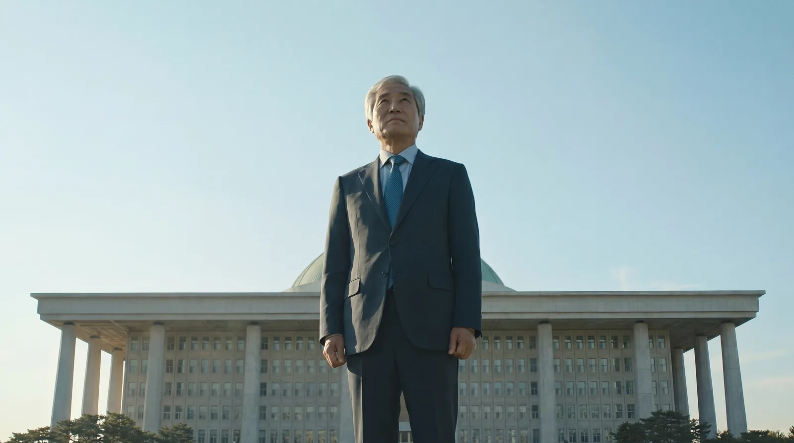 The host standing in front of the future National Assembly