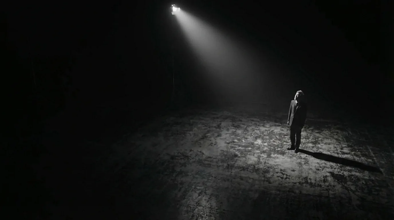 Opening — the host standing under a spotlight in darkness