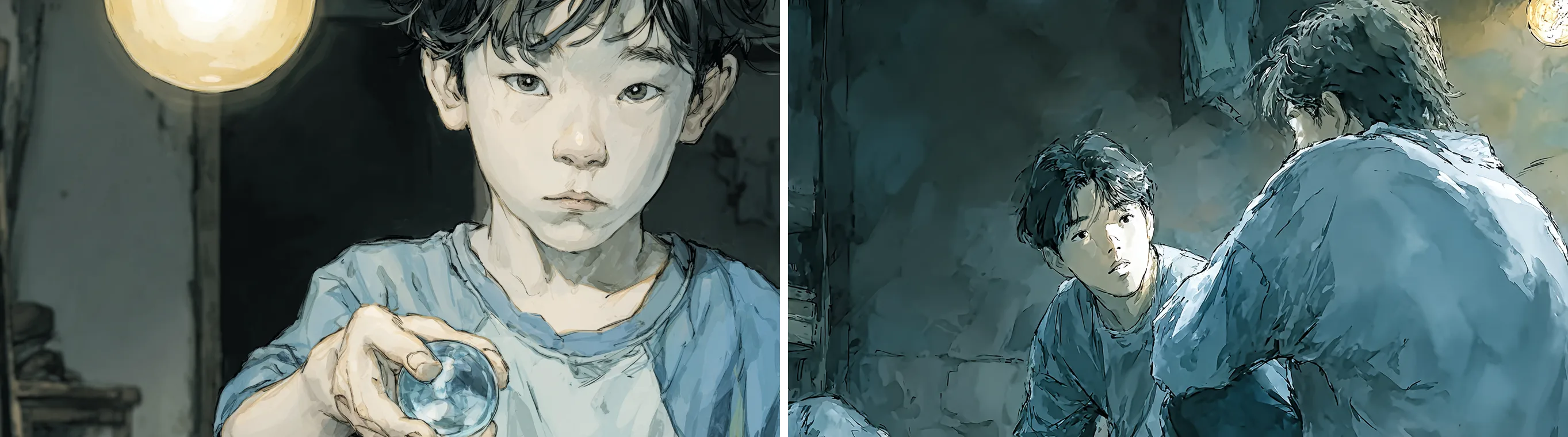 Two candidates for the same shot. Left, a solo close-up of the boy holding the marble; right, a version with his older brother also in frame.