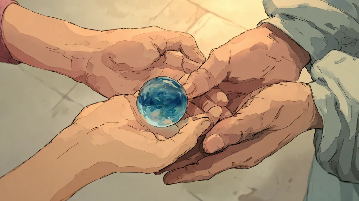 An image from the early tone exploration. A blue glass marble between two hands.