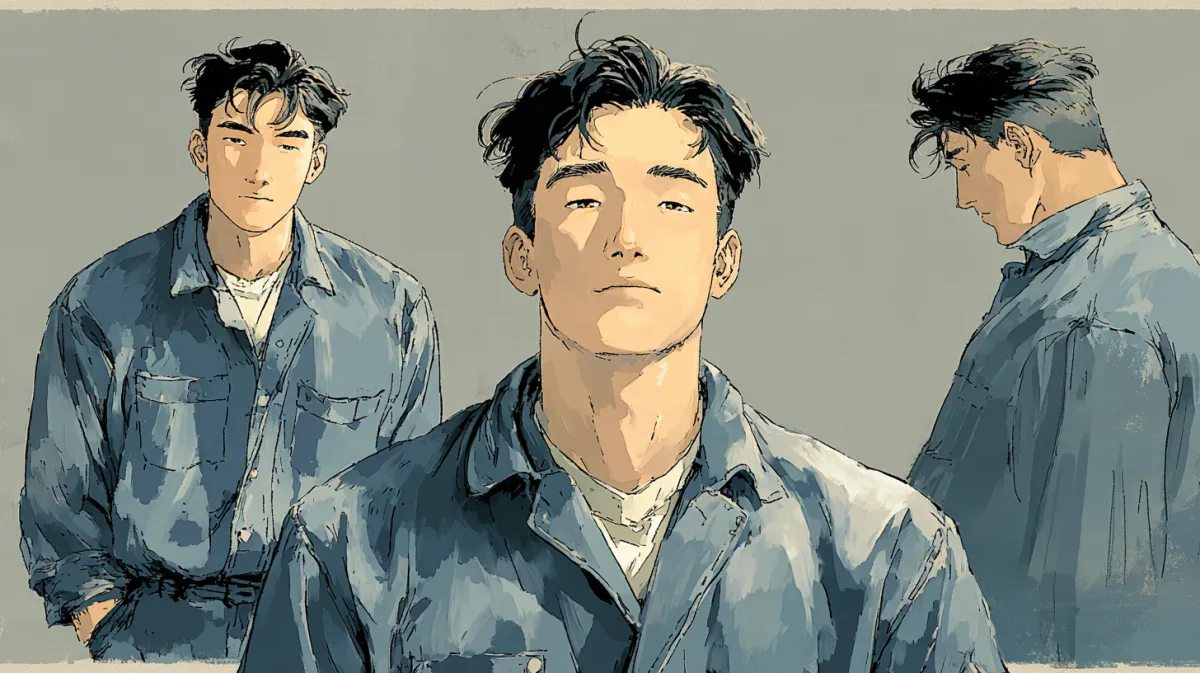 Bongsik’s character reference image: front, side, and three-quarter views.