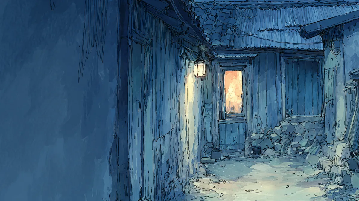 Scene 1, first shot. A night alley in 1960s Korea, with a single window glowing warm in the distance.