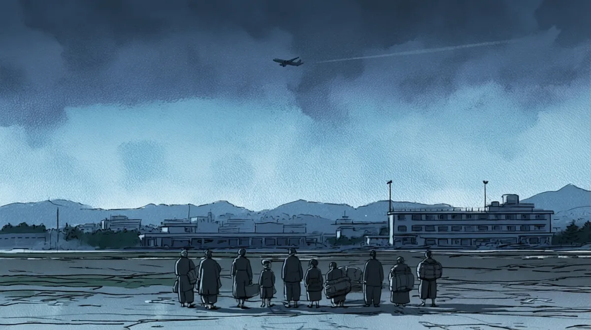 Scene 2, first shot. Gimpo Airport at dawn, where people holding bundles stand in line.
