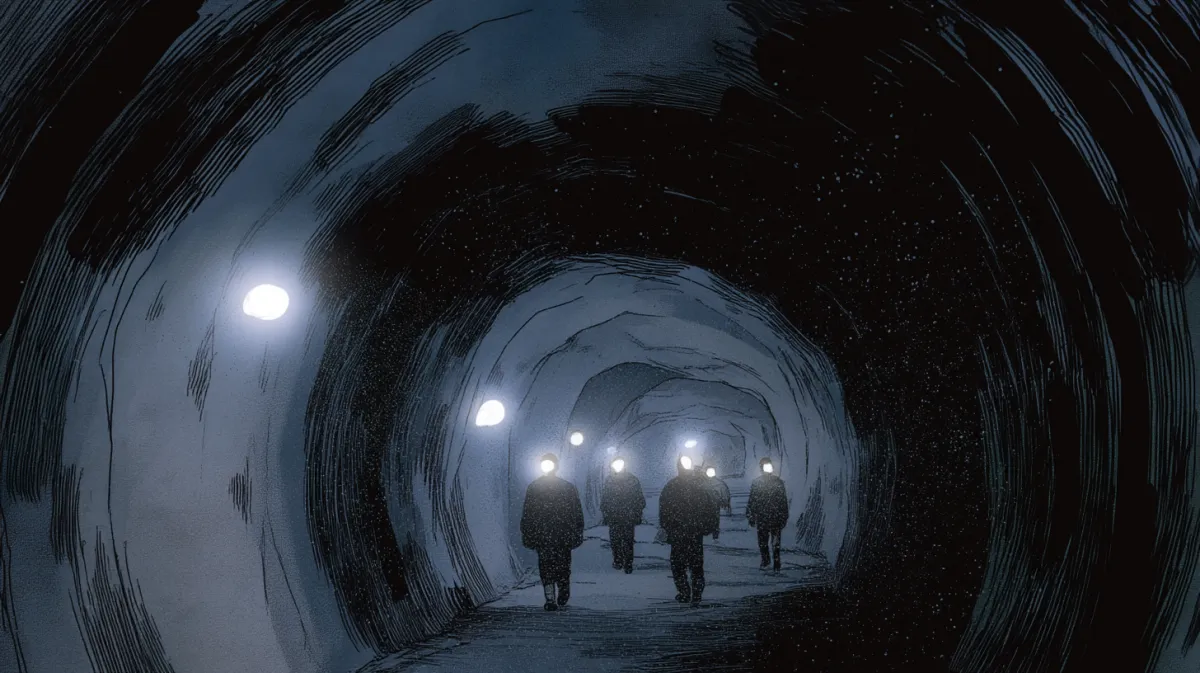 Scene 3. Headlamp beams cutting through the darkness of a mine tunnel.