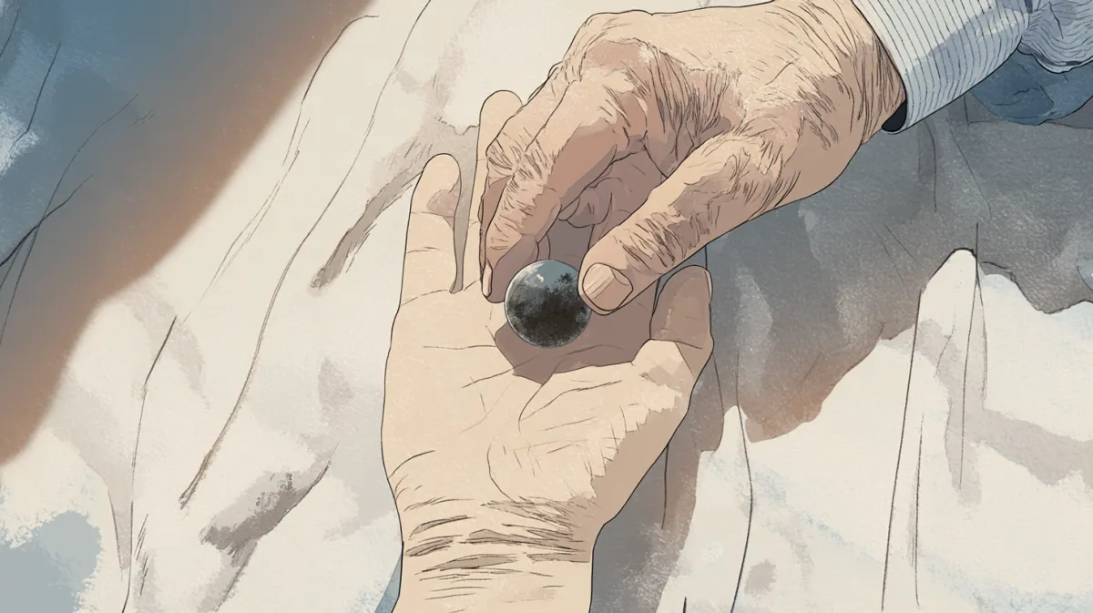 Scene 5. In a hospital, a hand places an earth-covered marble on another palm.
