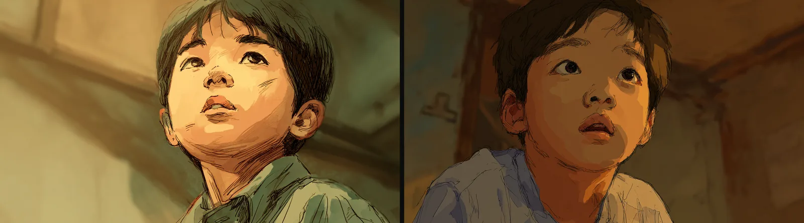 Two cells picked from the same Midjourney grid. A medium close-up of a boy looking up.
