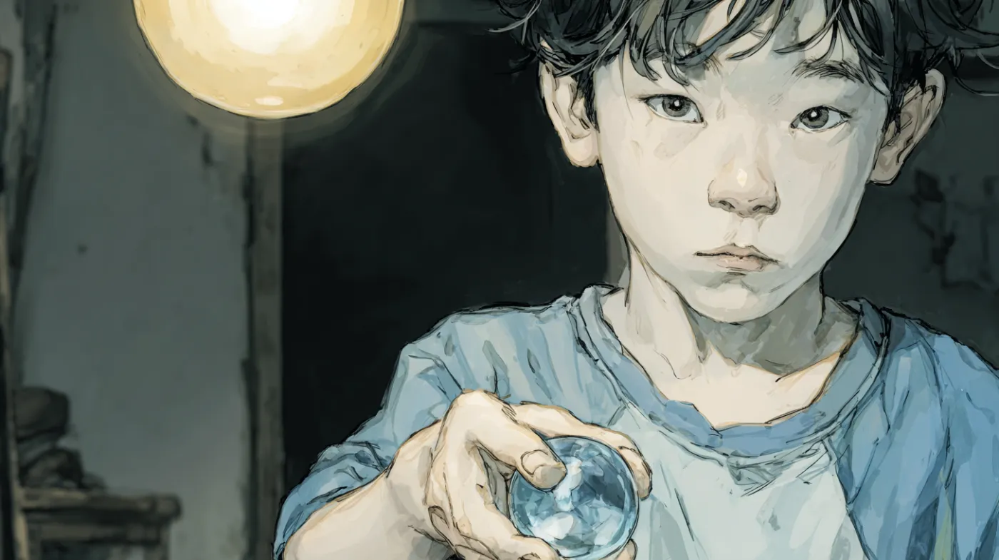 Scene 1, a boy holding a glass marble under a light bulb.