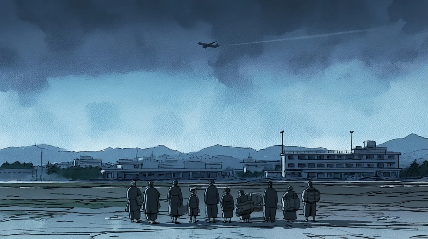 Scene 2, Gimpo Airport. The dispatched workers stand in line in front of the runway at dawn.