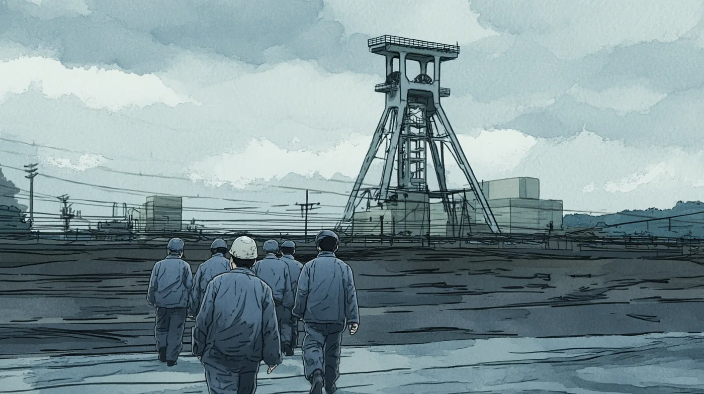 Scene 3, a wide exterior of the coal mine. Miners walk in beneath the winding tower.