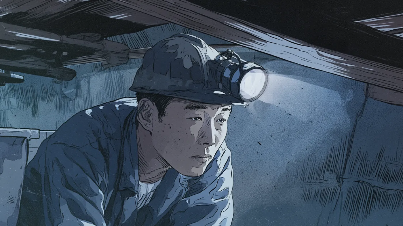 Scene 3, Bongsik the miner with his headlamp on in an underground coal mine.