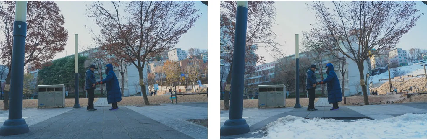 A comparison of an original campus scene and a winter version with snow generated by inpainting.