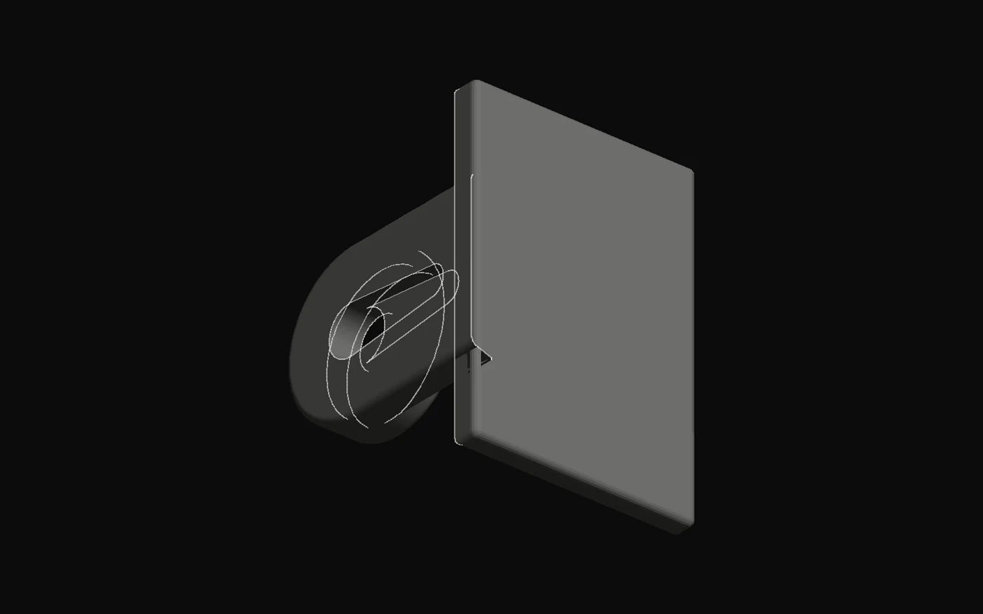 Isometric render of the L-shaped horn we designed. A round ring that fits on the servo shaft and a plate that holds the mirror are joined at a right angle.