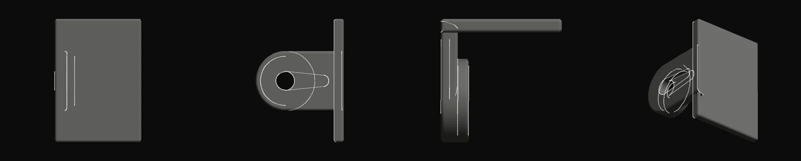 Front, side, top, and isometric renders of the L-shaped horn.