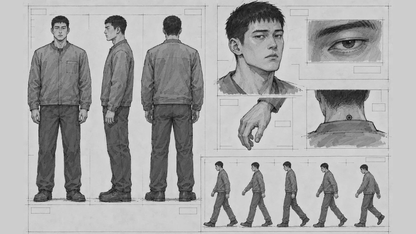 A character sheet of a fictional person, newly drawn in the same layout: three full-body views, face and eye close-ups, a small port at the back of the neck, and hand and walking poses.