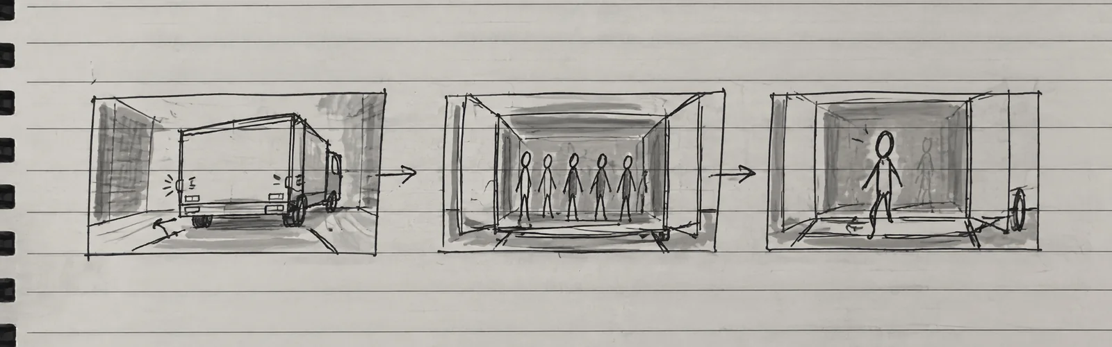 An example of a quickly hand-drawn storyboard: three small frames and movement arrows.