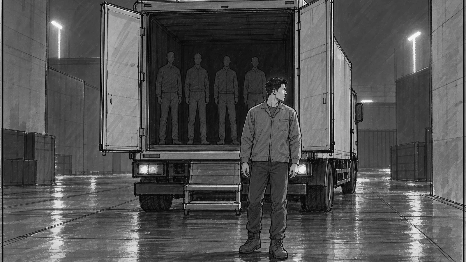 A nighttime loading-dock scene developed from the rough sketch. In front of the humanoids in the open truck bed, a figure who has stepped down stops and looks back to the right.