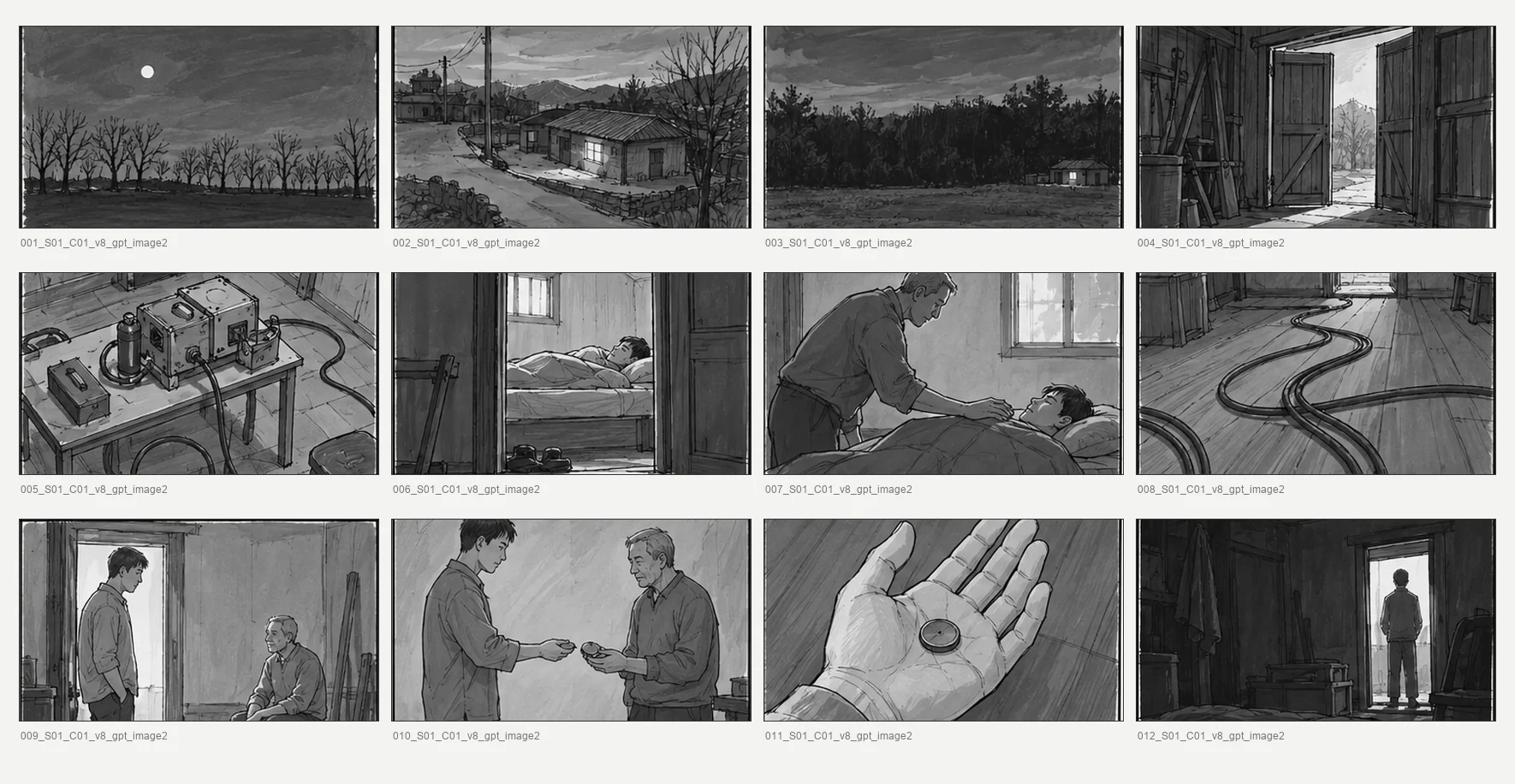 A newly drawn contact sheet of the style reference pack. Twelve storyboard frames with made-up file names, in pencil and marker tones, arranged in 3 rows by 4 columns.